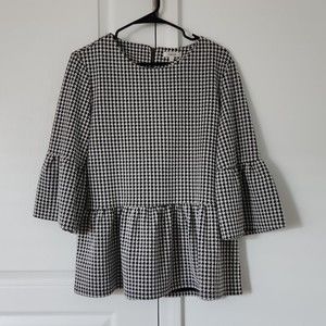 Tyler Boe Herringbone Peplum Circular Flounce Sleeve Top, Black/White, Size L